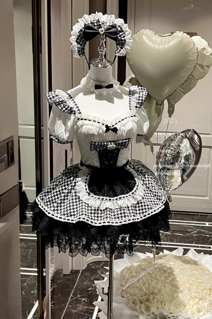 Black/White [Lovely Houndstooth] Square Collar Short Sleeves Print Ruffle Bowknot Lace Maid Sweet Lolita Dress