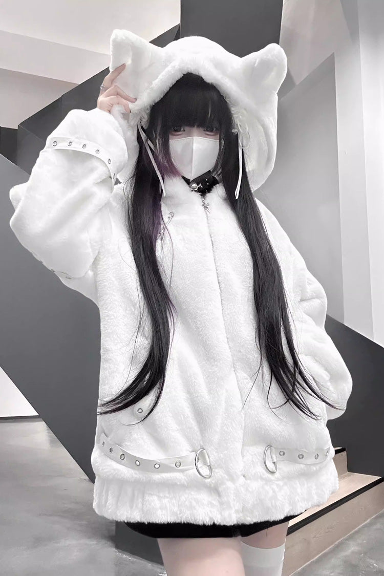 [Night Hunter] Cat Ear Long Sleeves Hooded Zippered Jirai Kei Coat 2 Colors