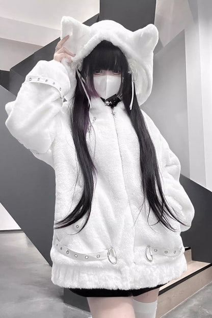 [Night Hunter] Cat Ear Long Sleeves Hooded Zippered Jirai Kei Coat 2 Colors