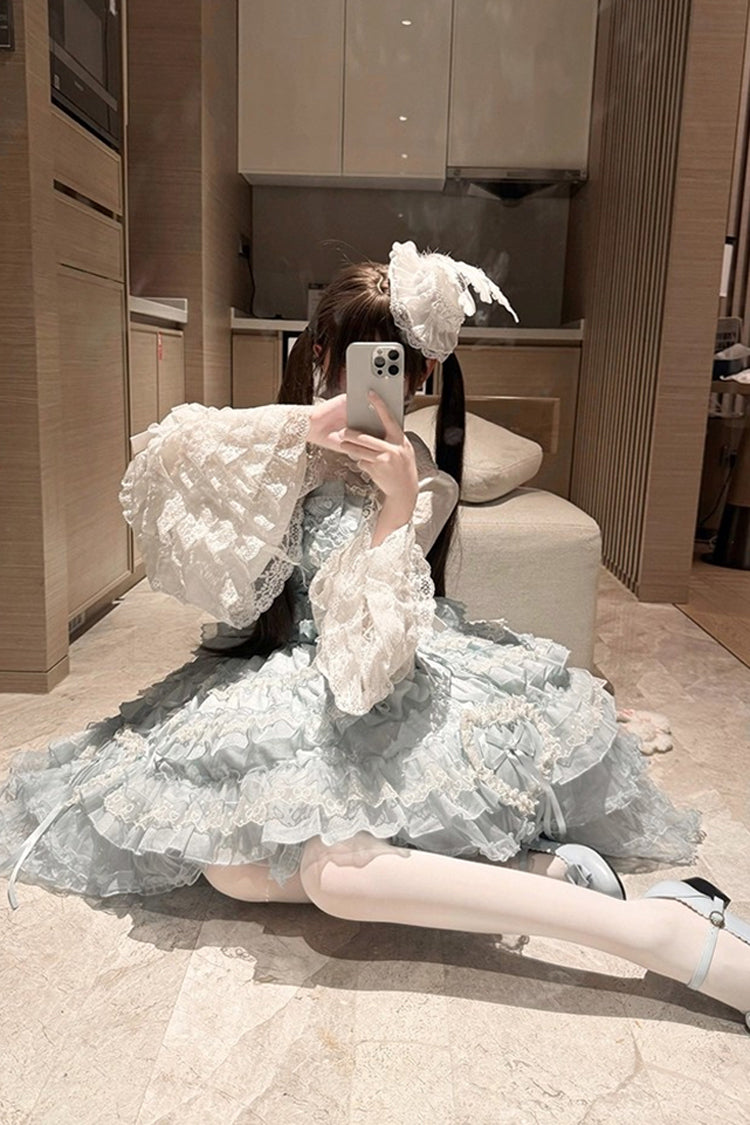 Blue [Sweetheart Diary] Multi-Layered Ruffle Hanayome Embroidery Bowknot Lace Sweet Lolita Jsk Dress