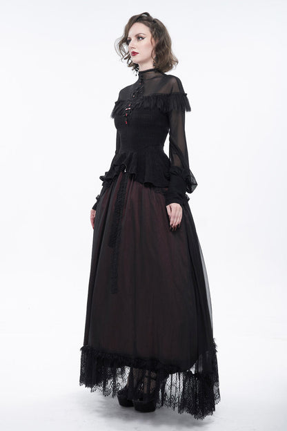 Black Retro Perspective Sexy Turtleneck Lace Panel Mesh Lantern Sleeve Women's Gothic T-Shirt