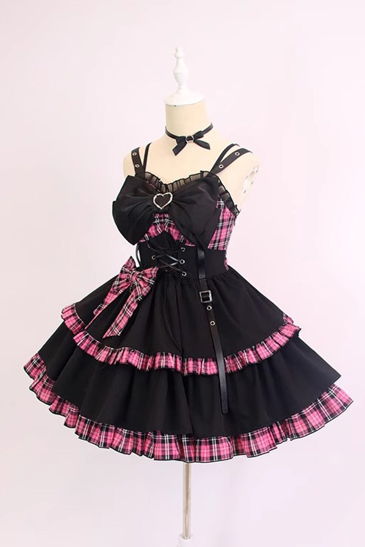 Black/Pink Plaid Print Color Contrast Leather Buckle Bowknot Ruffle Gothic Lolita JSK Dress