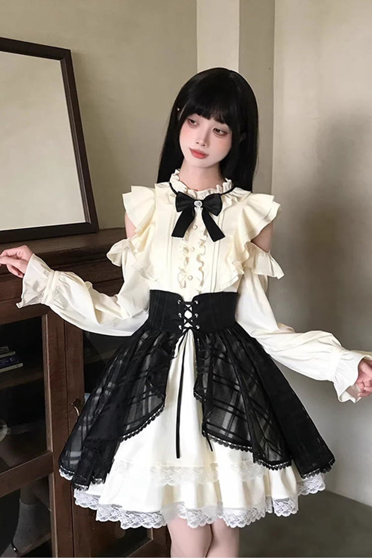 Black/Beige [Dark Chocolate Champagne] Stand Collar Off Shoulder Long Sleeves Double-Layered Ruffled Sweet Japanese Lolita Dress
