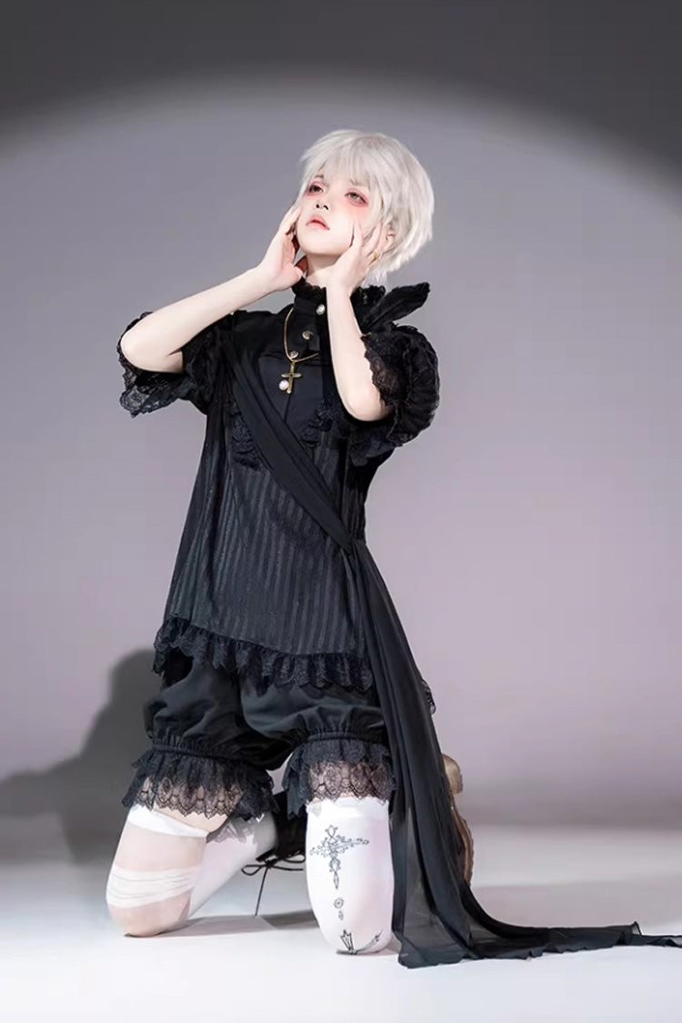 Black Stand Collar Long Short Sleeves Printed Ruffled Lace Gothic Ouji Lolita Set 2 Versions