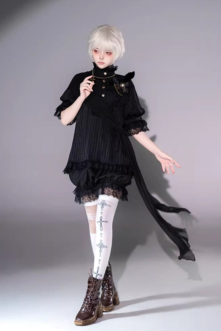 Black Stand Collar Long Short Sleeves Printed Ruffled Lace Gothic Ouji Lolita Set 2 Versions
