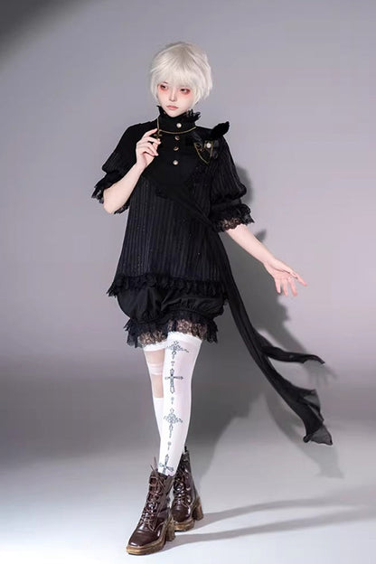 Black Stand Collar Long Short Sleeves Printed Ruffled Lace Gothic Ouji Lolita Set 2 Versions