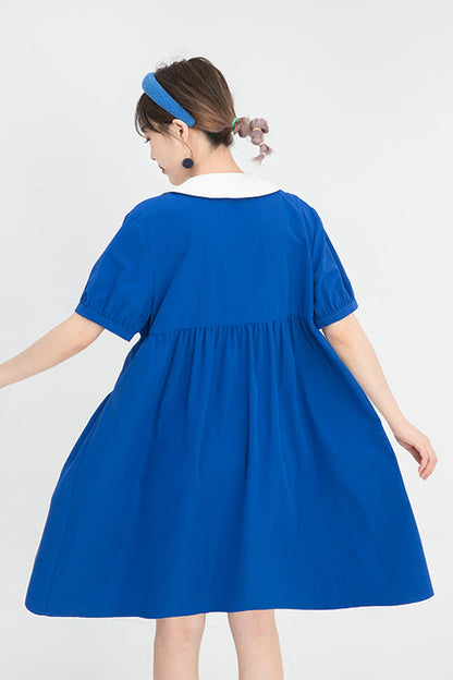 Blue Lapel Collar Short Sleeve High Waist Single Breasted Sweet Lolita Dress