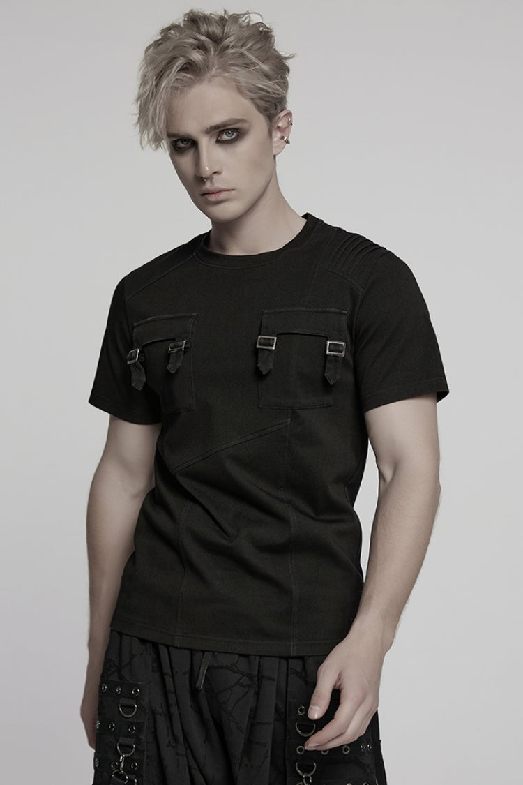 Black Round Collar Short Sleeves Pocket Denim Men's Punk T-Shirt