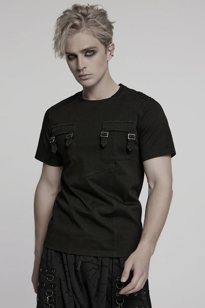 Black Round Collar Short Sleeves Pocket Denim Men's Punk T-Shirt