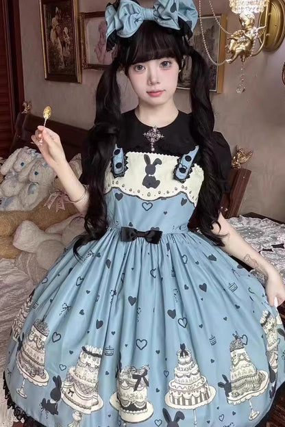 Blue Cake Bunny Print Bowknot Stitching Lace Sweet Lolita Jsk Dress