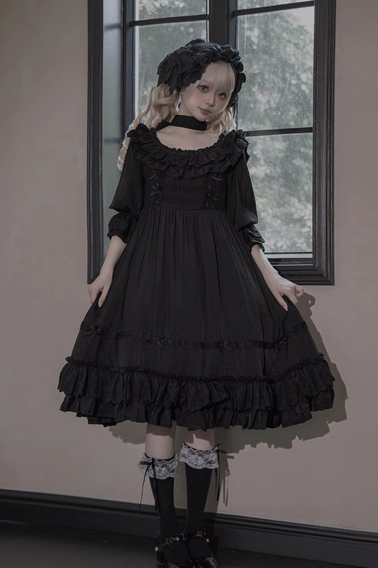 Black [Good Morning] Short Sleeves Ruffle Bowknot Lace-Up Gothic Lolita Dress