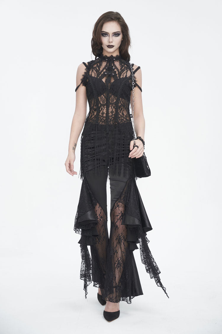 Black Round Collar Embroidery Lace Womens Gothic T-Shirt