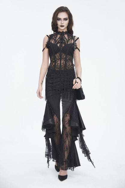 Black Round Collar Embroidery Lace Womens Gothic T-Shirt
