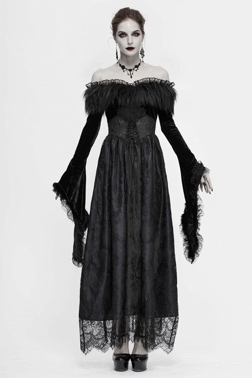Black Sexy Off Shoulder Lace Pleated Womens Formal Gothic Long Dress With Fur Collar