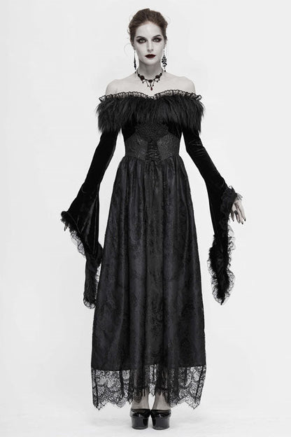 Black Sexy Off Shoulder Lace Pleated Womens Formal Gothic Long Dress With Fur Collar