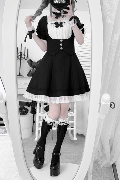 Black/White Short Sleeves Ruffle Bowknot Cross Waist Maid Sweet Japanese Lolita Dress Set