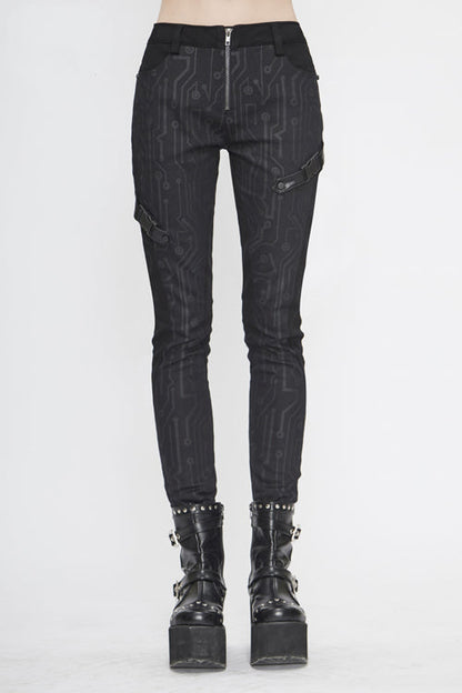 Black Punk Circuit Printed Leather Loops Womens Pants