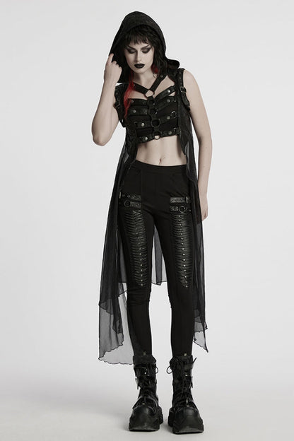 Black Sleeveless Hooded Mesh Women's Punk Harness Vest