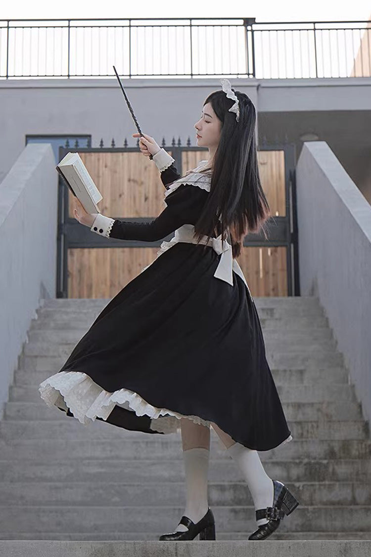 Black/White Round Collar Short Sleeves Ruffled Bow Sweet Elegant Lolita Maid Dress 2 Versions