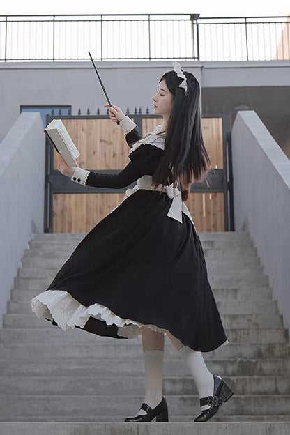 Black/White Round Collar Short Sleeves Ruffled Bow Sweet Elegant Lolita Maid Dress 2 Versions
