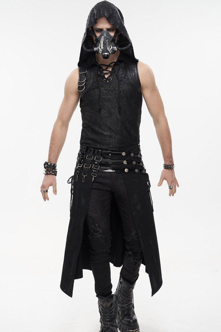Black Punk Patent Leather Paneled Belt Irregular Print Metal Men's Skirt