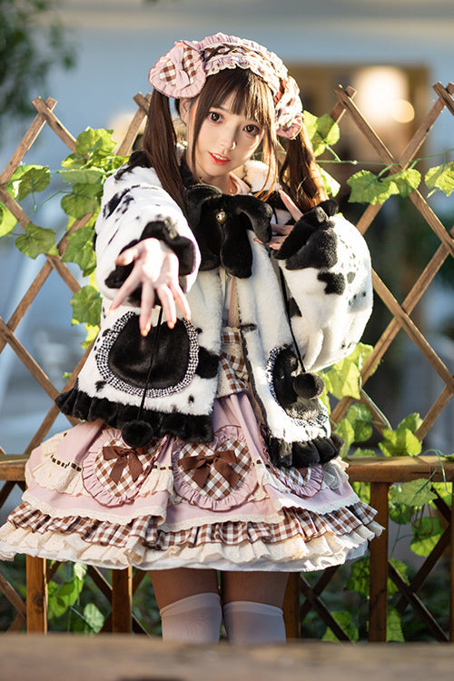White/Black Padded Spotted Sheep Print Hooded Sweet Lolita Coat