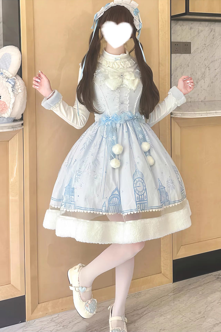 Blue [Snow Castle] Sleeveless Printed Embroidered Bow Lace Sweet Lolita Jsk Dress
