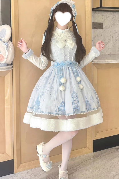 Blue [Snow Castle] Sleeveless Printed Embroidered Bow Lace Sweet Lolita Jsk Dress