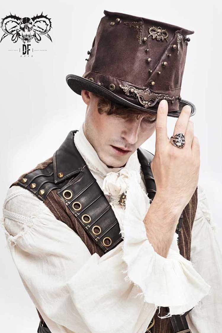 Brown Medium Top Leather Metal Stud Decorated Men's Gothic Hat