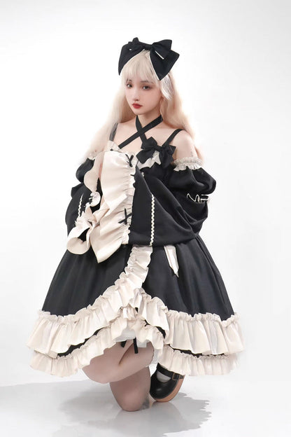 Black [Monet Estate] Sleeveless High Waisted Ruffle Bowknot Asymmetric Gothic Lolita Jsk Dress