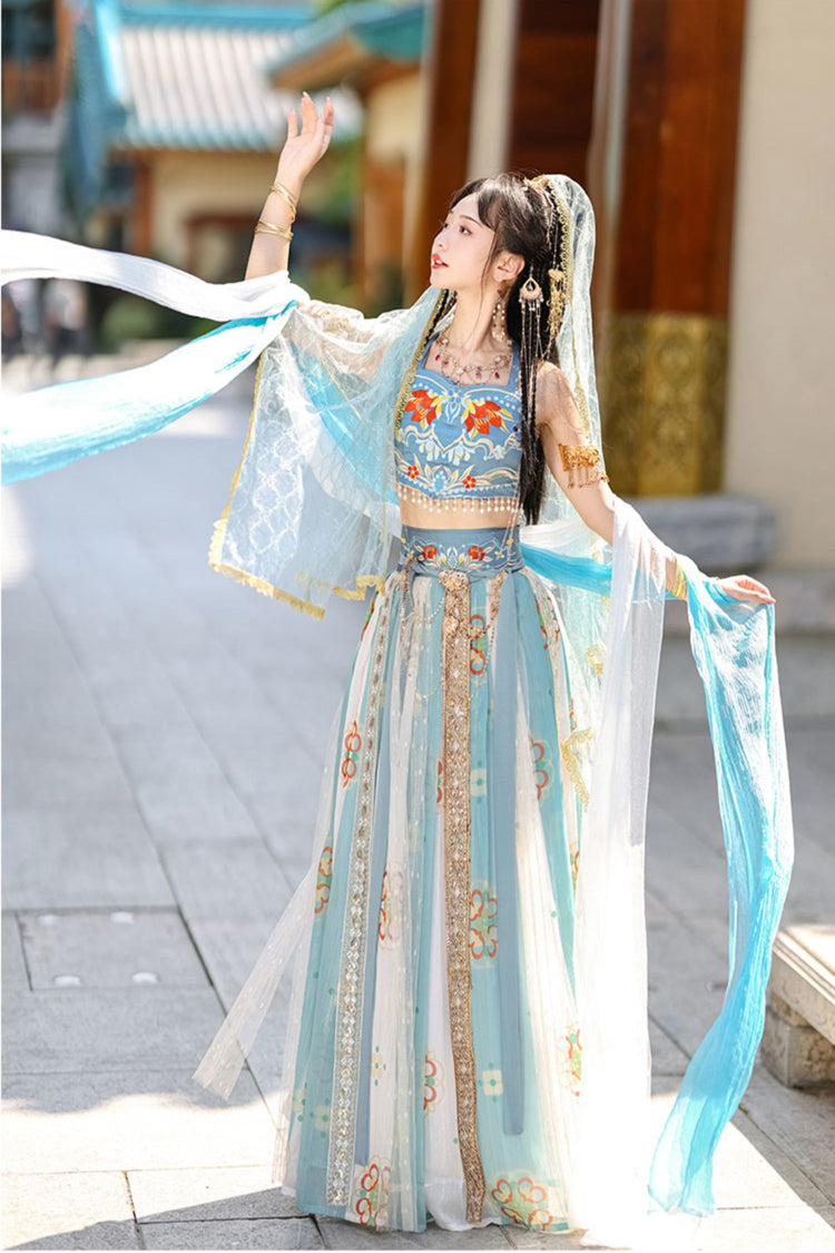 Blue Elegant Print Embroidery High Waisted Sleeveless Hanfu Dress Full Set