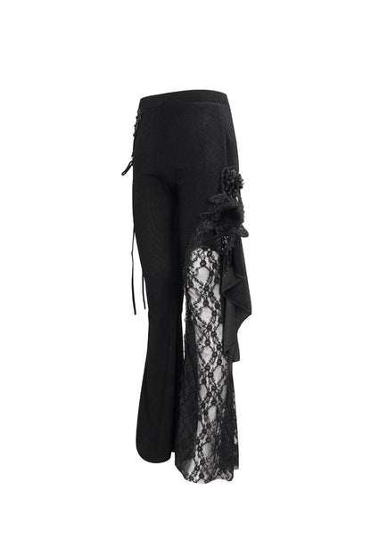 Black Velvet Single Side Stitching Rose Net Side Rope Decoration Asymmetric Pattern Flare Women's Gothic Pants