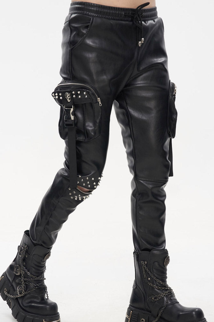 Black Punk Leather Metal Rivets Zipper Stereoscopic Side Pockets Men's Pants
