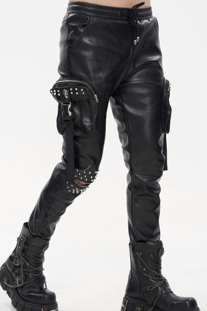 Black Punk Leather Metal Rivets Zipper Stereoscopic Side Pockets Men's Pants