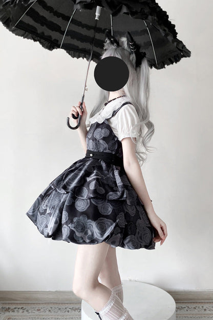Black Rose Print Two-layer Bowknot Gothic Lolita Jsk Dress