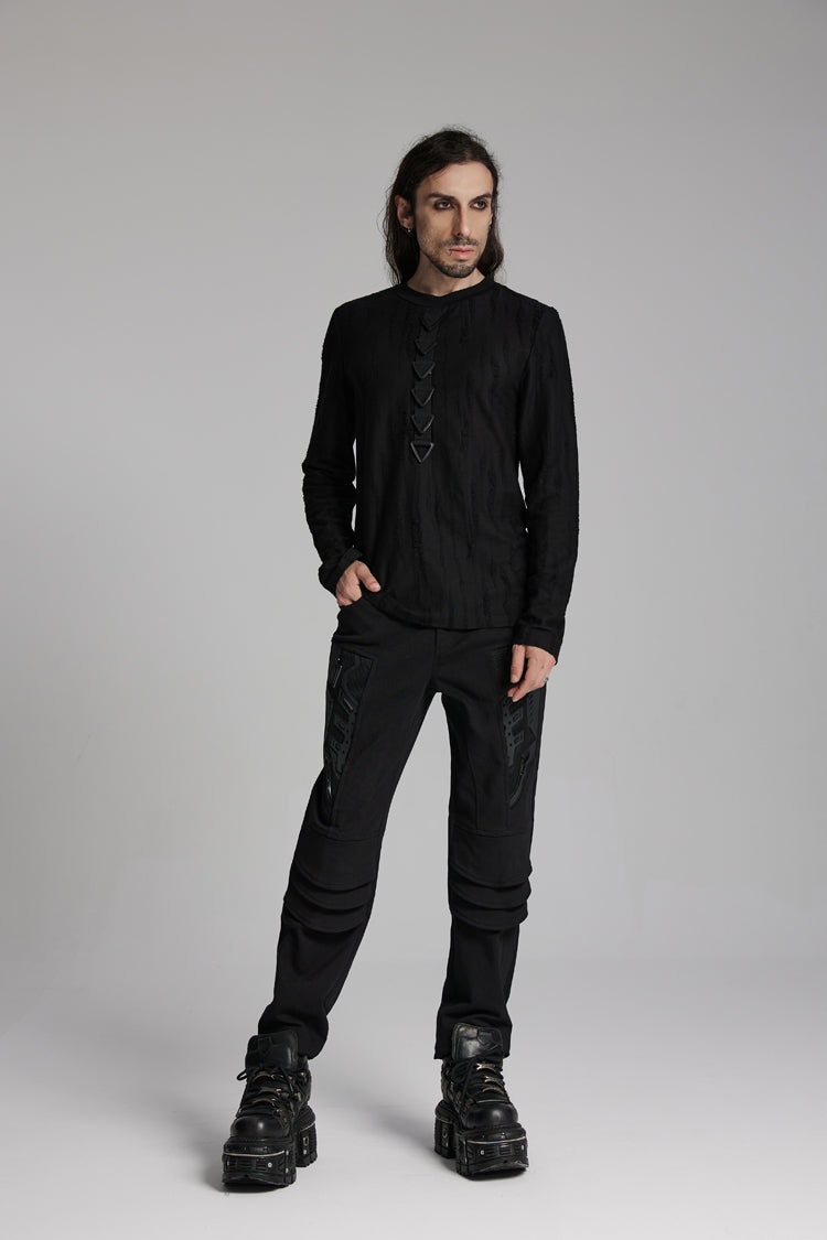 Black Round Collar Long Sleeves Triangle Buckle Men's Punk T-Shirt