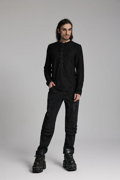 Black Round Collar Long Sleeves Triangle Buckle Men's Punk T-Shirt