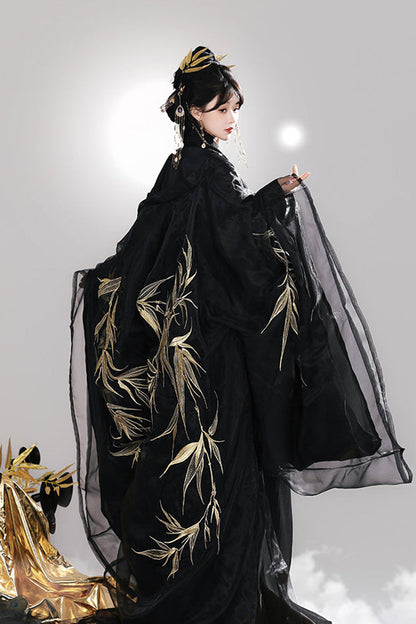 Black [Bamboo Leaves] V Collar Trumpet Sleeves High Waisted Embroidered Women's Classic Hanfu Dress Set