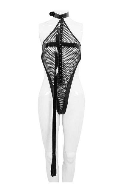 Black Sexy Leather Neck Ring Metal Rivets Fishnet Women's Punk Underwear