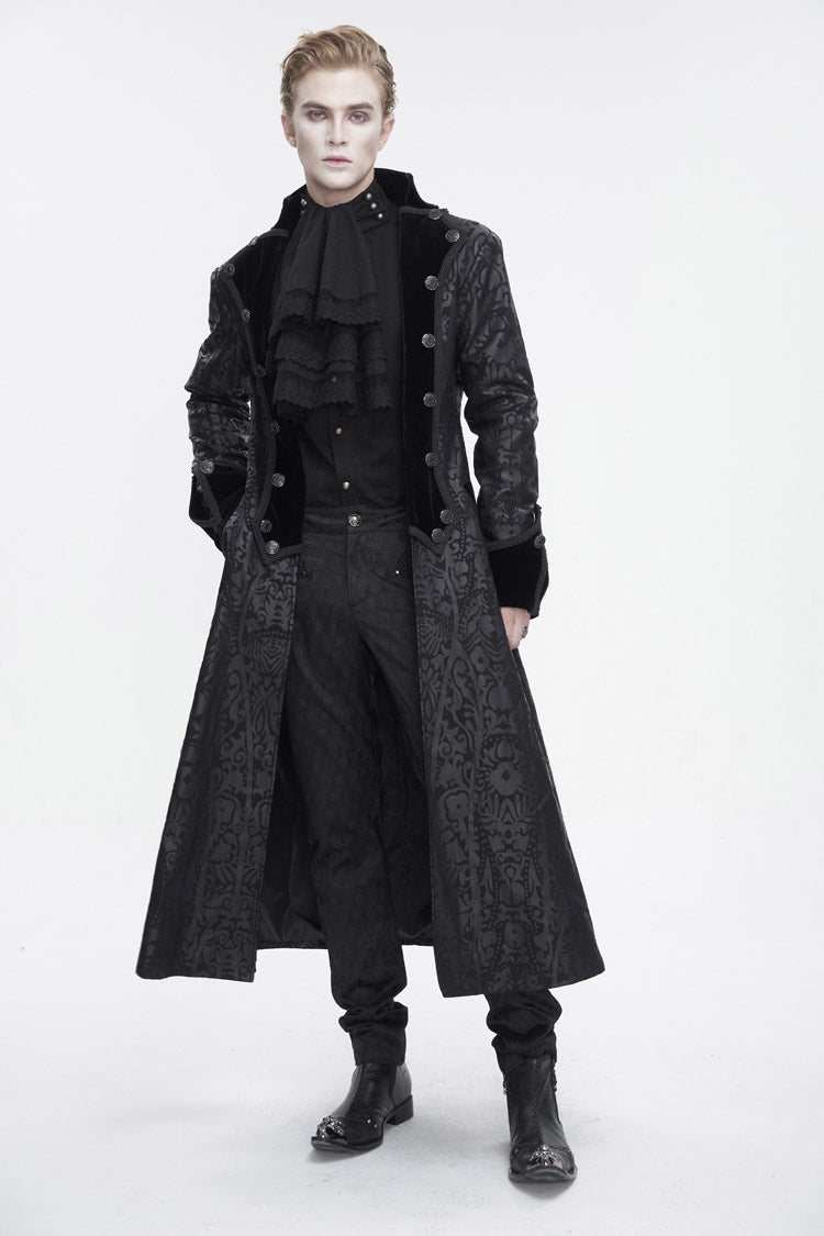 Black Stand Collar Totem Printed Long Men's Gothic Coat