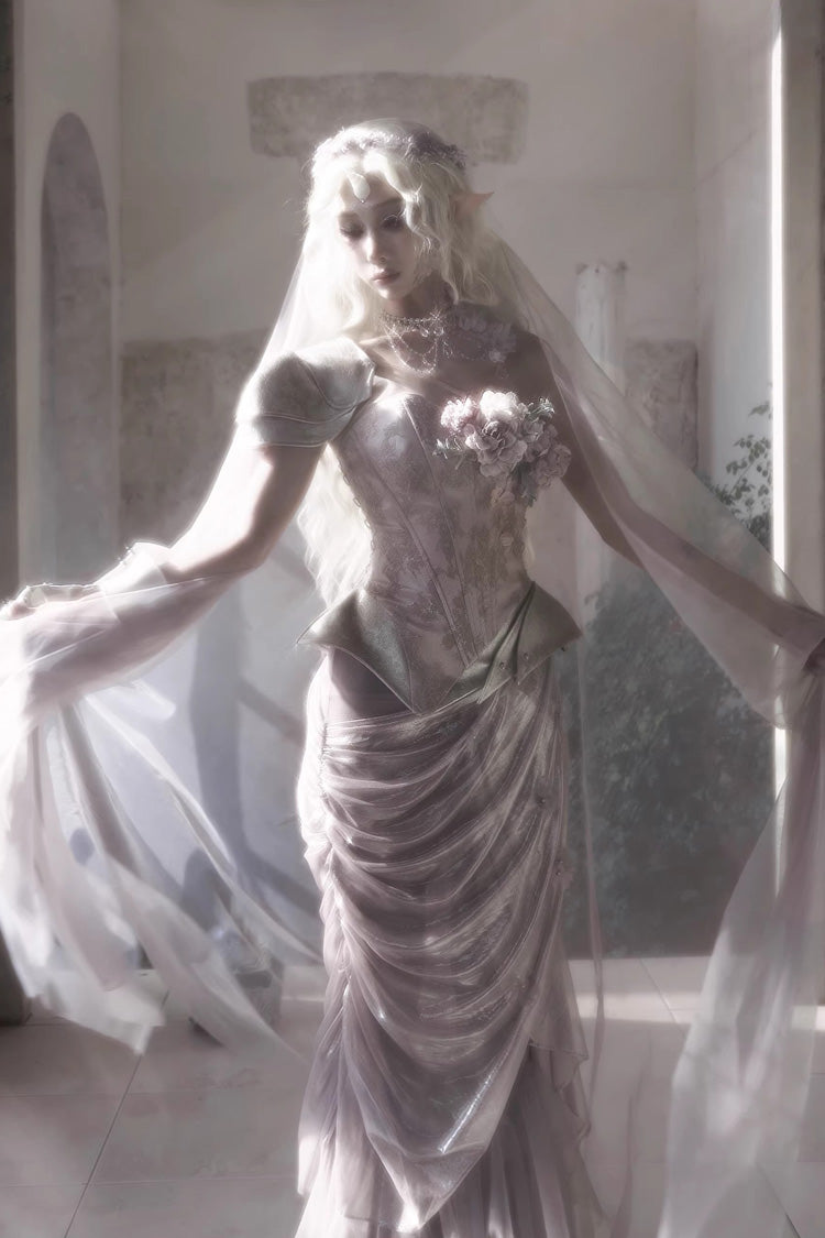 Pink [Moonlight Beast Spirit] Elf-style One-shoulder Printed 3D Floral Asymmetric Fishbone Sweet Corset