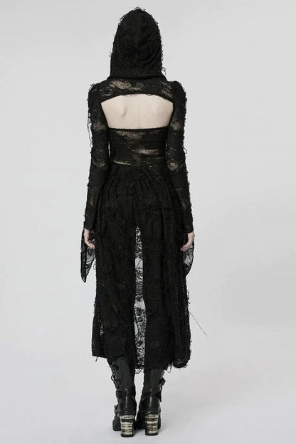 Black Two-piece Knit Ripped Hooded Womens Gothic Coat