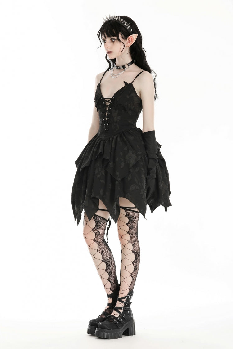 Black V Collar Sleeveless Halloween Printed Irregular Women's Gothic Slip Dress