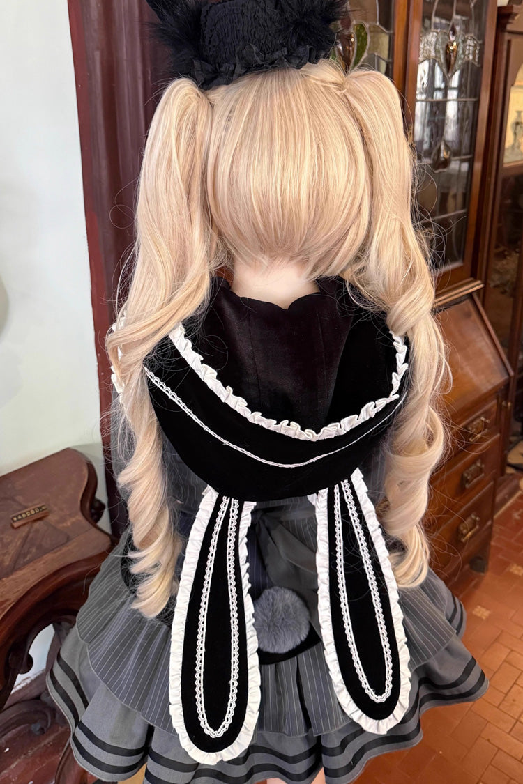 Black [Bizarre Rabbit Opera] Navy Collar Long Sleeves Print Ruffle Bowknot Gothic Lolita Dress