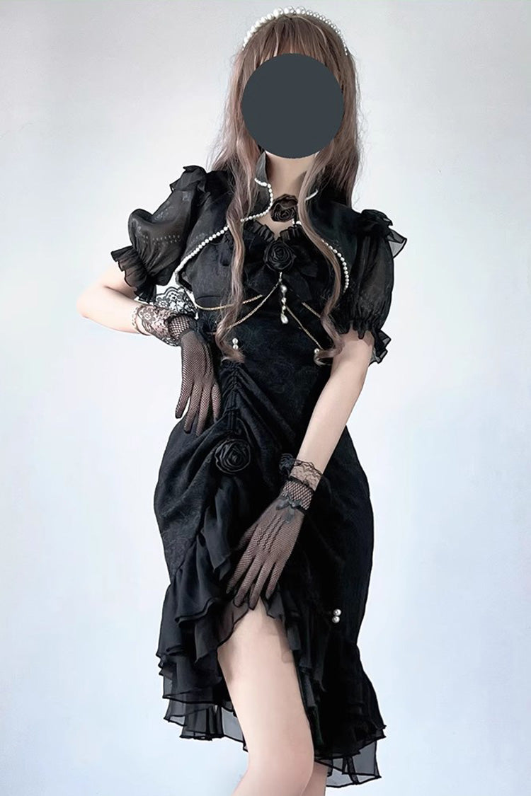 Black [Camellia 2.0] Sleeveless Jacquard Ruffle Lace Asymmetric Gothic Chinese Style Fishtail Lolita Jsk Dress