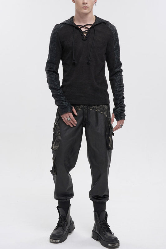 Black Trendy Dark Tether V-Neck Panel Knit Hooded Men's Punk T-Shirt