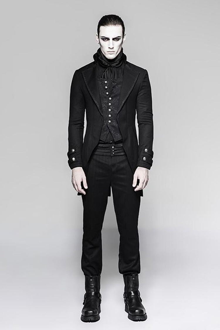 Black Retro Front Chest Splice Jacquard Metal Button Men's Punk Fake Two Piece Coat