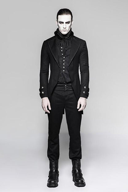 Black Retro Front Chest Splice Jacquard Metal Button Men's Punk Fake Two Piece Coat