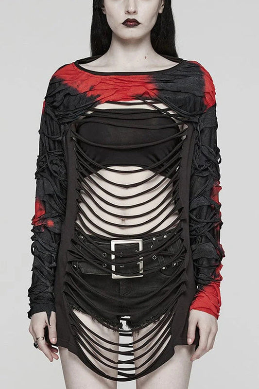 Red/Black Tie Dye Long Sleeves Hollow Womens Steampunk T-Shirt