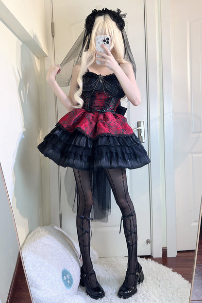 Black/Red Ancient Dream of the Dark Night Print Ruffle Gothic Lolita Jsk Dress